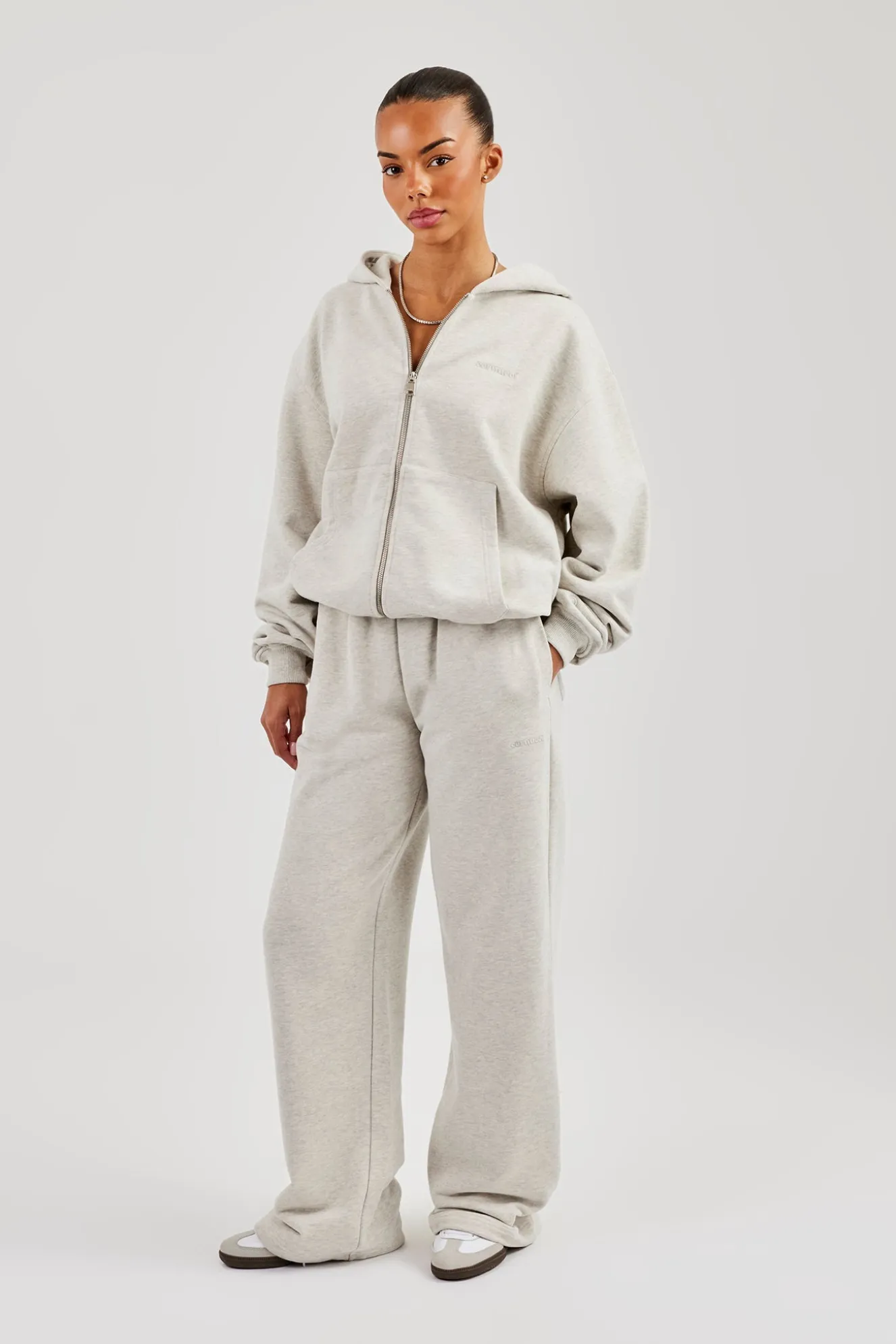 Oversized Zip Through Hoodie & Embroidered Wide Leg Jogger - Ash Grey