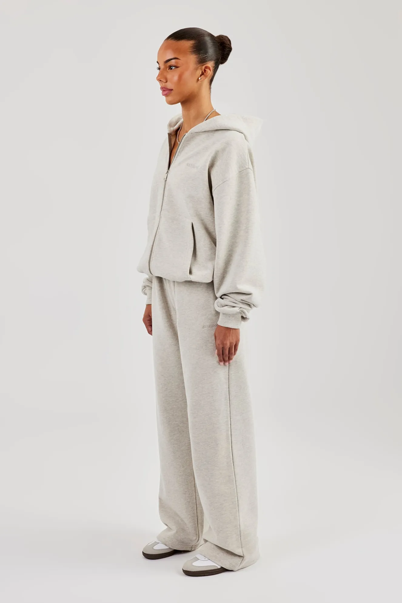 Oversized Zip Through Hoodie & Embroidered Wide Leg Jogger - Ash Grey
