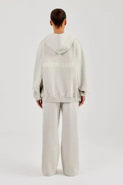 Oversized Zip Through Hoodie & Embroidered Wide Leg Jogger - Ash Grey
