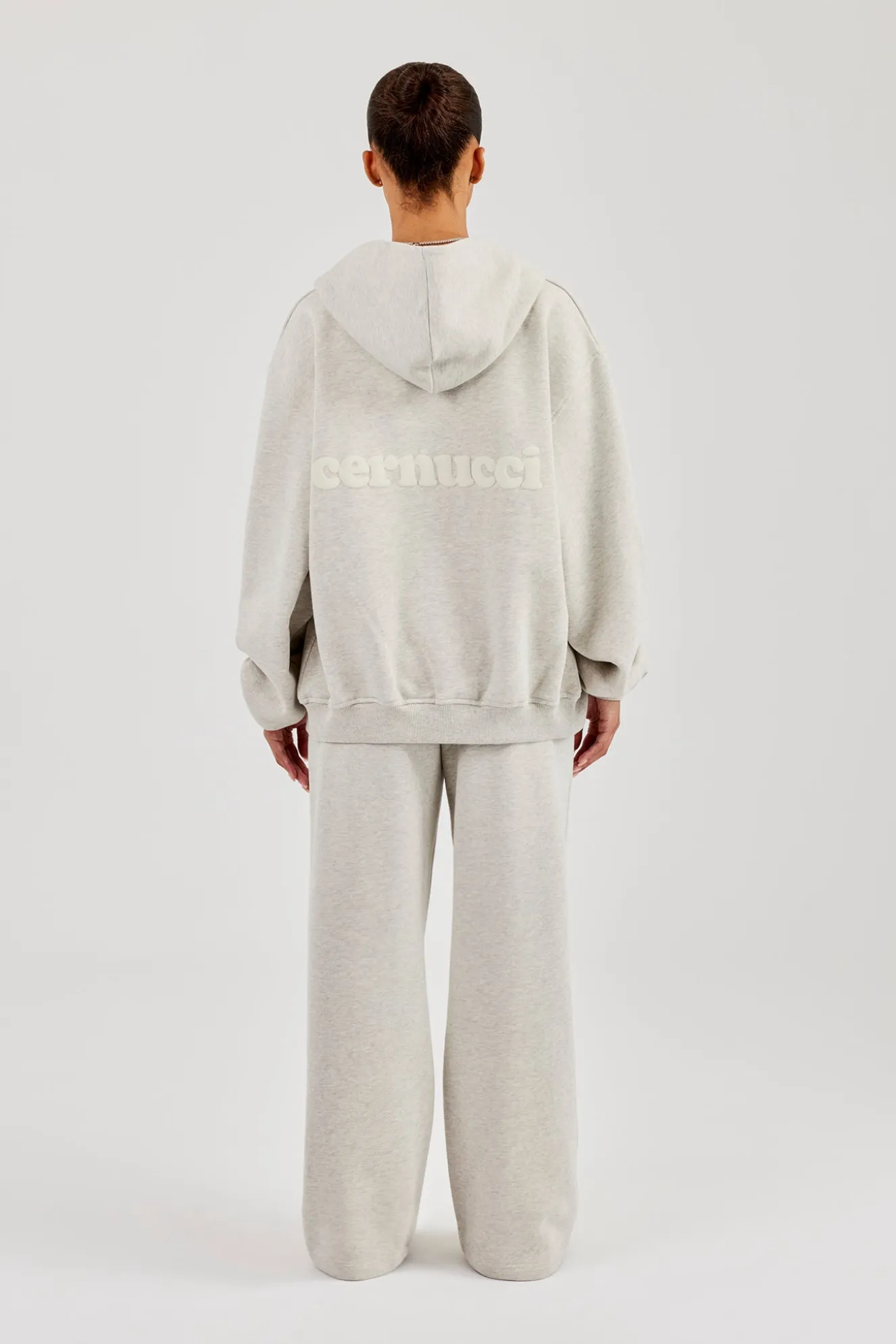 Oversized Zip Through Hoodie & Embroidered Wide Leg Jogger - Ash Grey