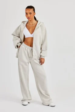 Oversized Zip Through Hoodie & Embroidered Wide Leg Jogger - Ash Grey