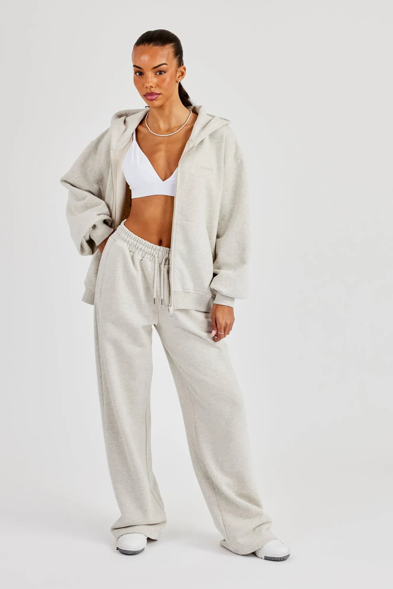 Oversized Zip Through Hoodie & Embroidered Wide Leg Jogger - Ash Grey