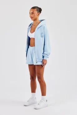Oversized Zip Through Hoodie & Short - Baby Blue