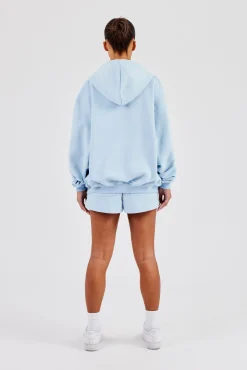 Oversized Zip Through Hoodie & Short - Baby Blue