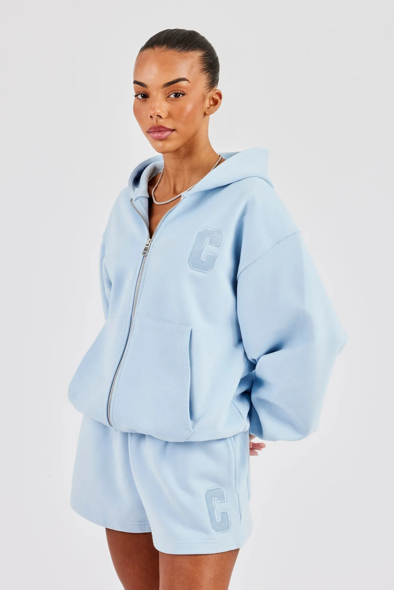 Oversized Zip Through Hoodie & Short - Baby Blue