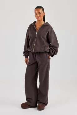 Oversized Zip Through Hoodie & Wide Leg Jogger - Coffee