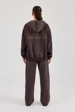 Oversized Zip Through Hoodie & Wide Leg Jogger - Coffee