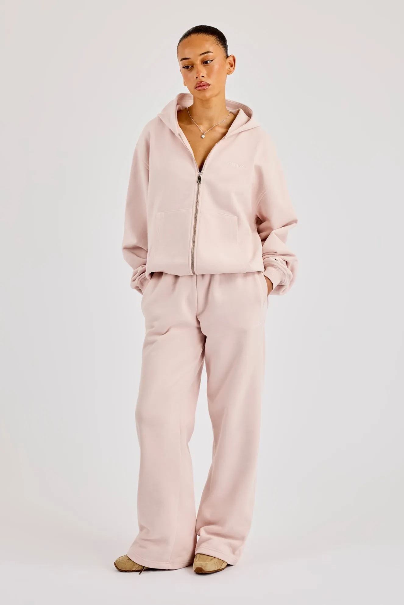 Oversized Zip Through Hoodie & Wide Leg Jogger- Dusty Pink