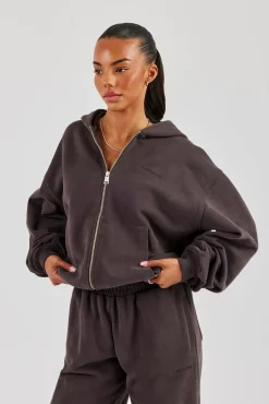 Oversized Zip Through Hoodie - Coffee