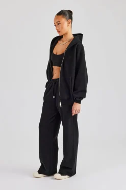 Oversized Zip Through Hoodie & Embroidered Wide Leg Jogger - Black