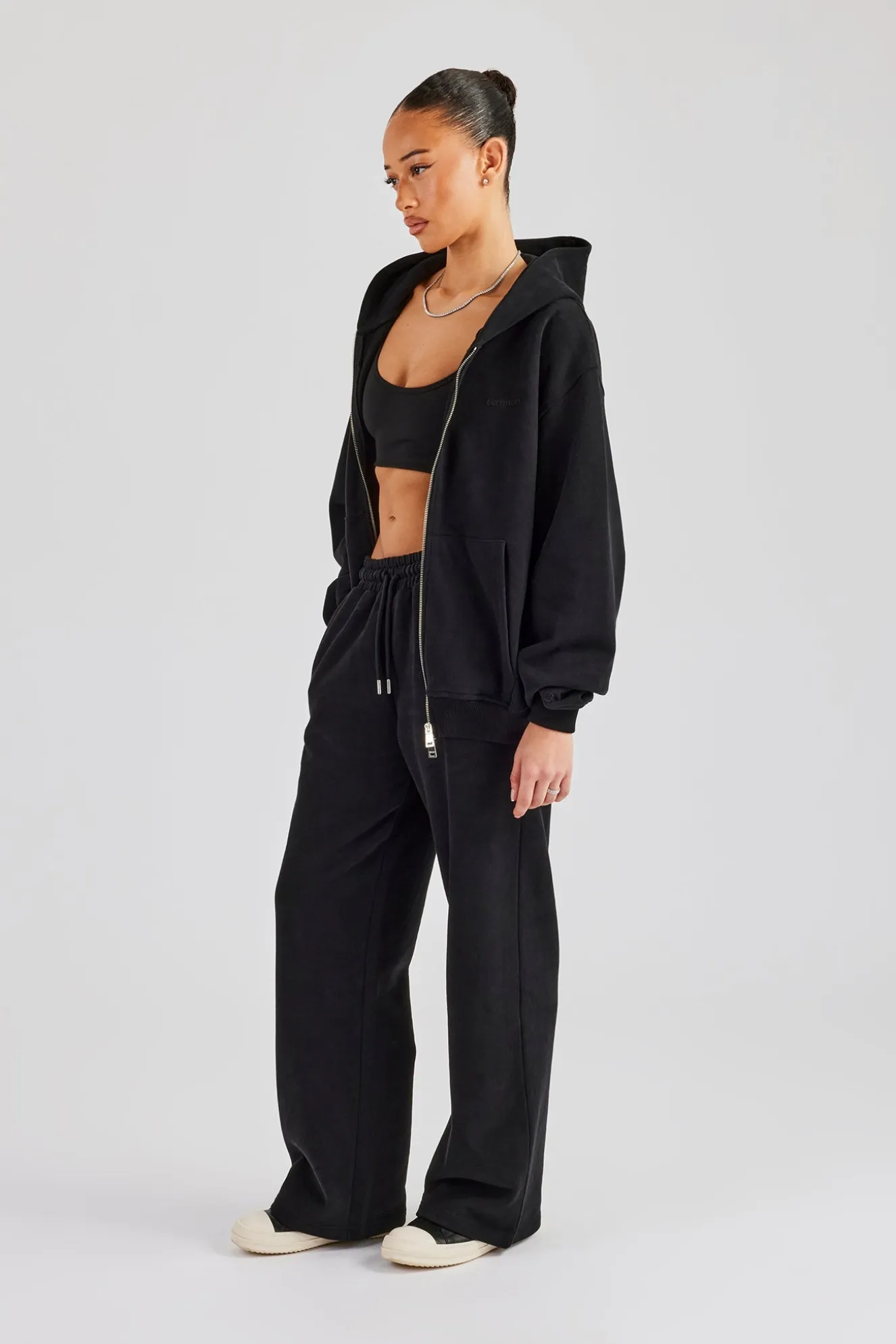 Oversized Zip Through Hoodie & Embroidered Wide Leg Jogger - Black