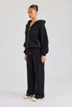 Oversized Zip Through Hoodie & Embroidered Wide Leg Jogger - Black