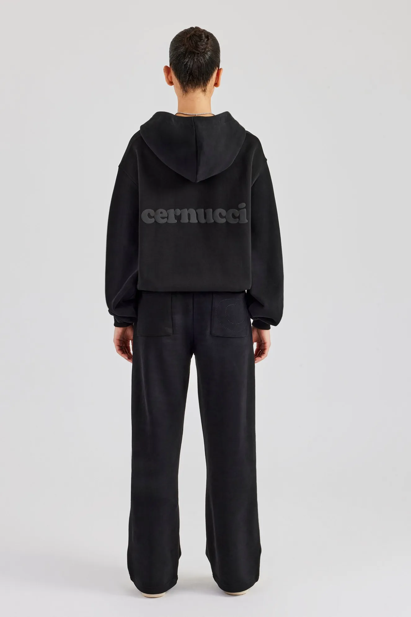 Oversized Zip Through Hoodie & Embroidered Wide Leg Jogger - Black