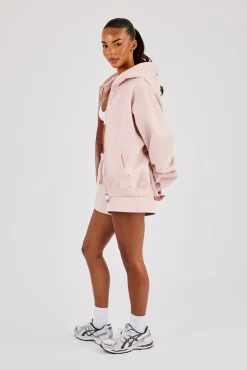 Oversized Zip Through Hoodie & Embroidered Short - Dusty Pink
