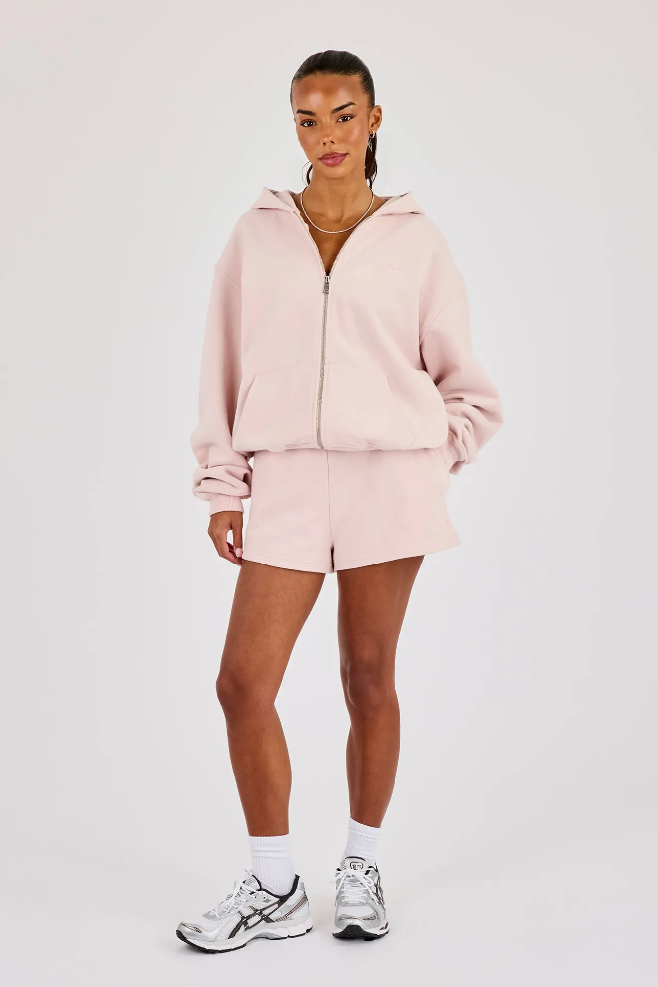 Oversized Zip Through Hoodie & Embroidered Short - Dusty Pink