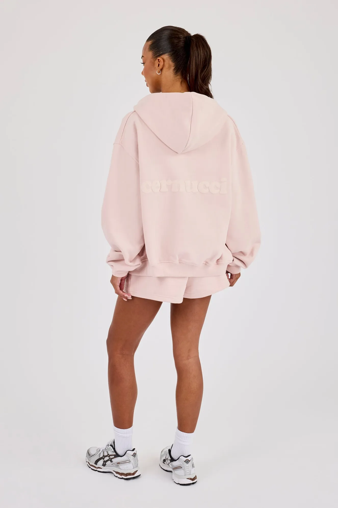 Oversized Zip Through Hoodie & Embroidered Short - Dusty Pink