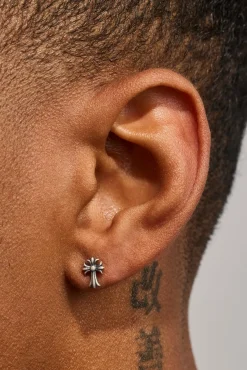 Oxidised Cross Stud Earrings - 8mm - White