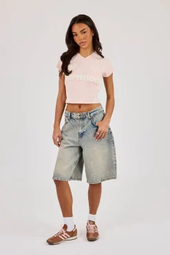 Panelled Fitted Football Baby Tee - Dusky Pink