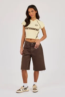 Panelled Fitted Football Baby Tee - Butter Yellow