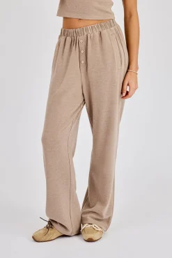 Peached Soft Touch Button Detail Trouser - Taupe