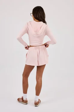 Peached Soft Touch Fitted Zip Through Hoodie & Button Front Short - Baby Pink