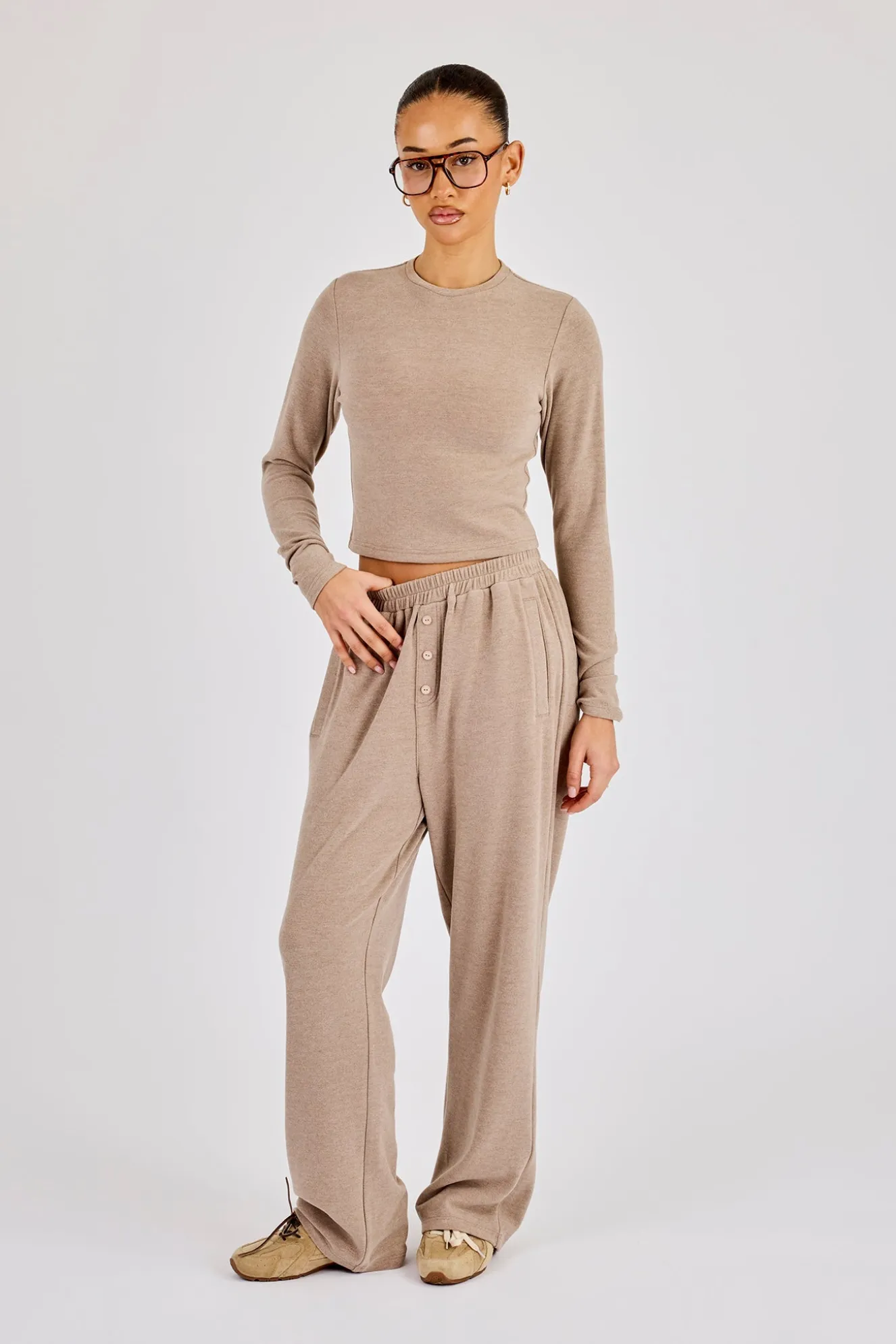 Peached Soft Touch Long Sleeve Top & Trouser - Taupe