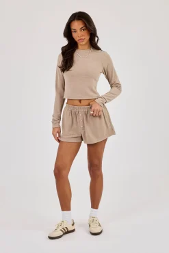 Peached Soft Touch Long Sleeve Top & Button Front Shorts - Taupe