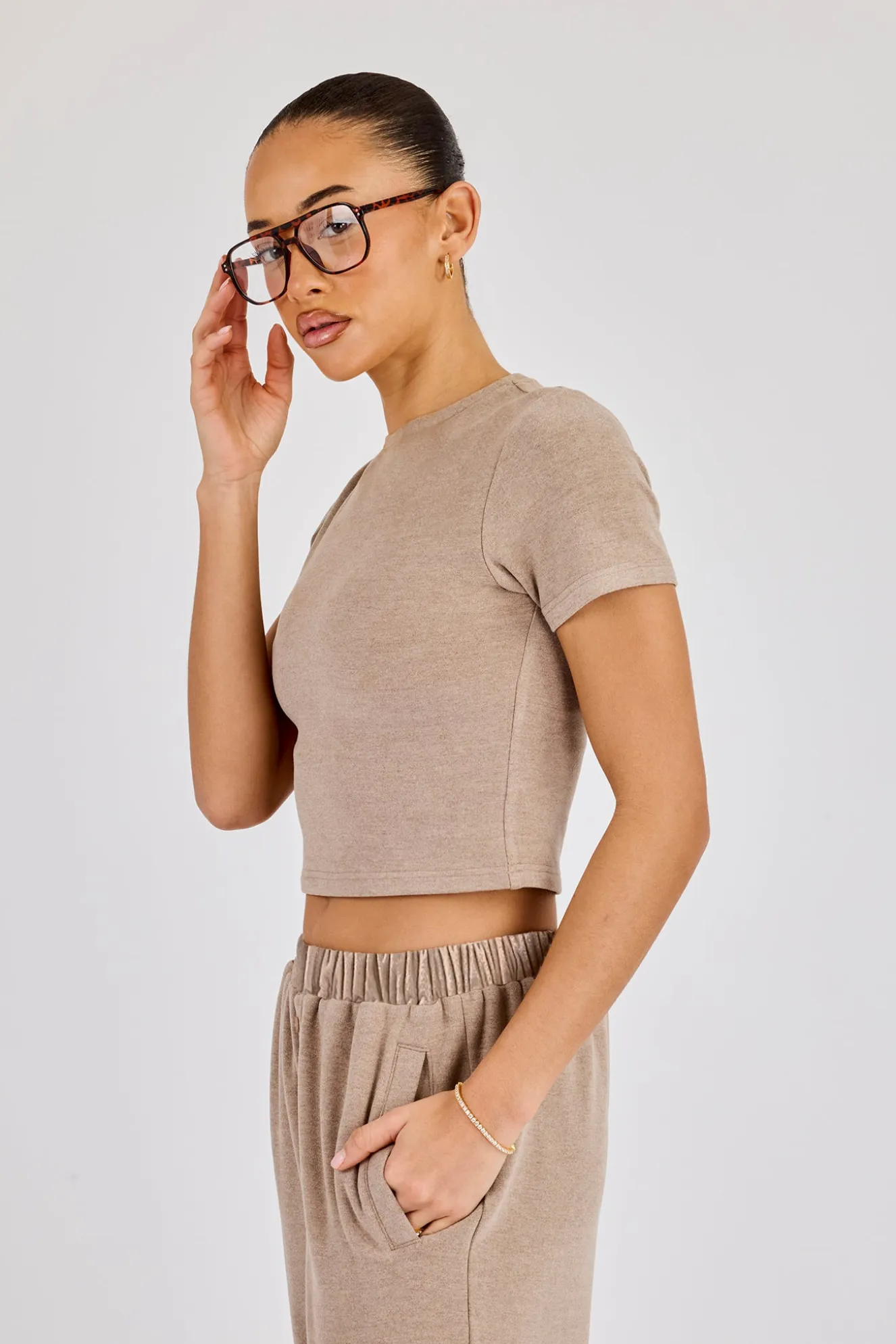 Peached Soft Touch Short Sleeve Top & Trouser - Taupe