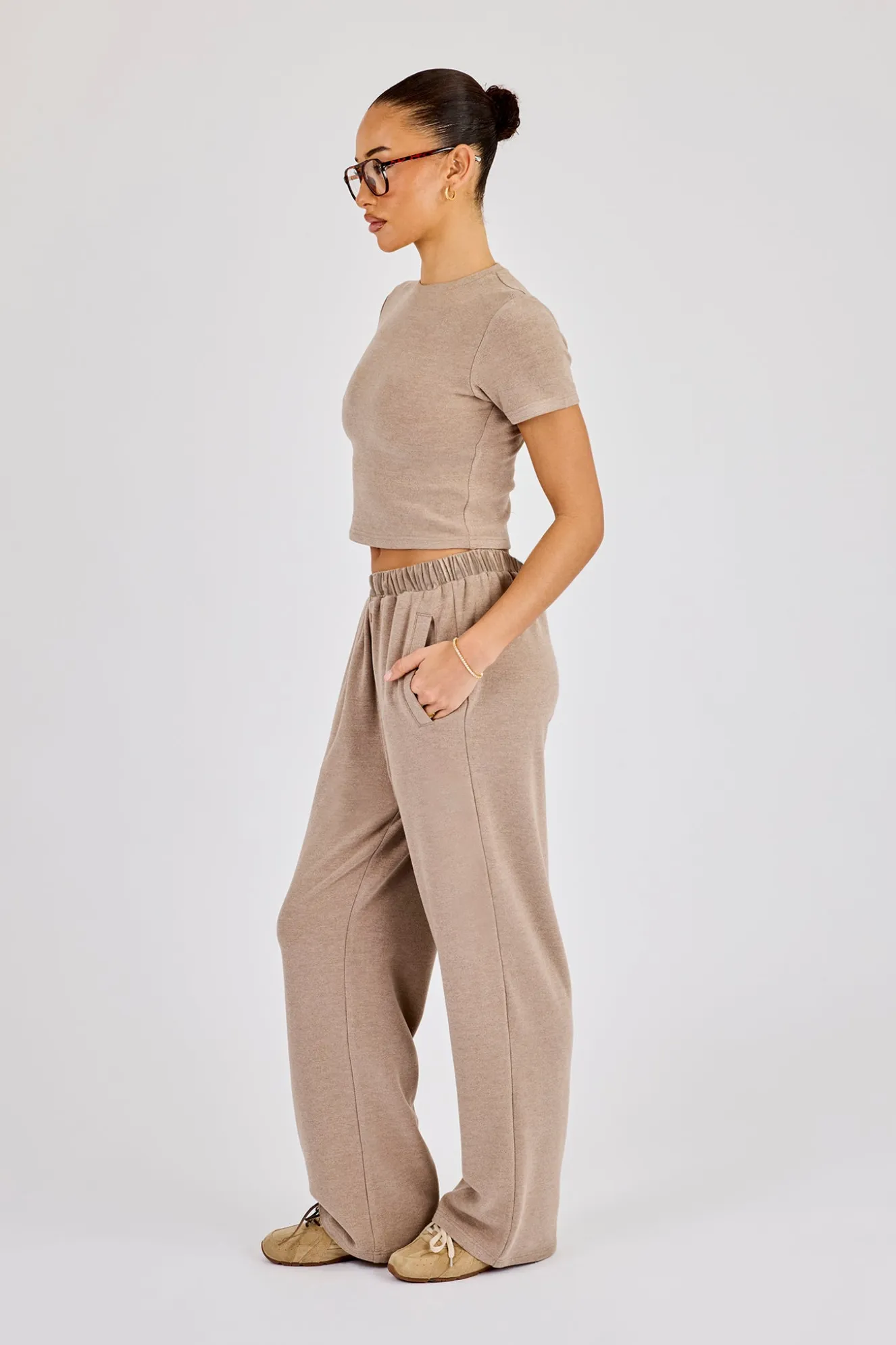 Peached Soft Touch Short Sleeve Top & Trouser - Taupe