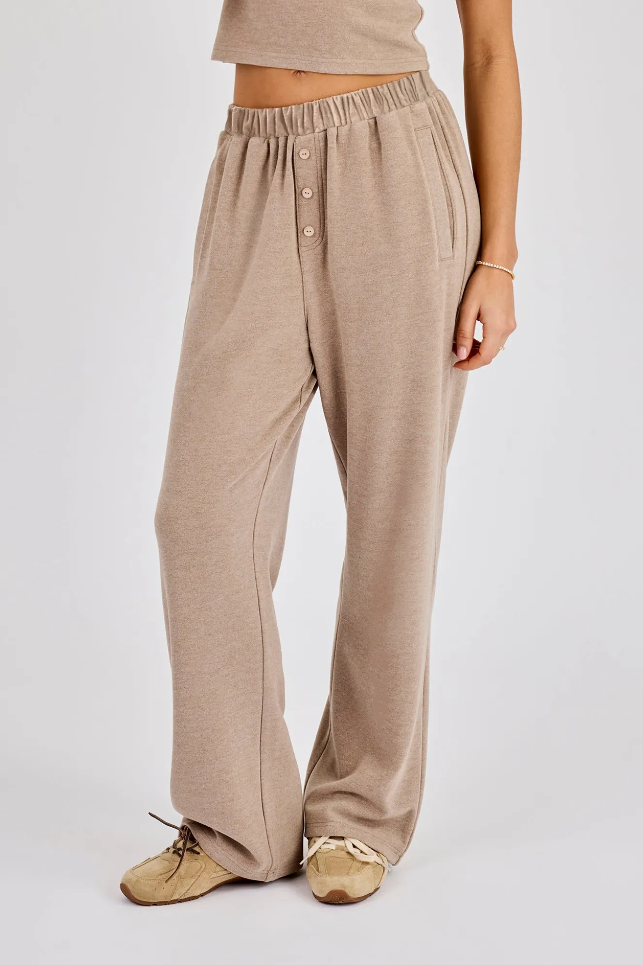 Peached Soft Touch Short Sleeve Top & Trouser - Taupe