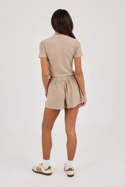 Peached Soft Touch Short Sleeve Top & Button Front Shorts - Taupe