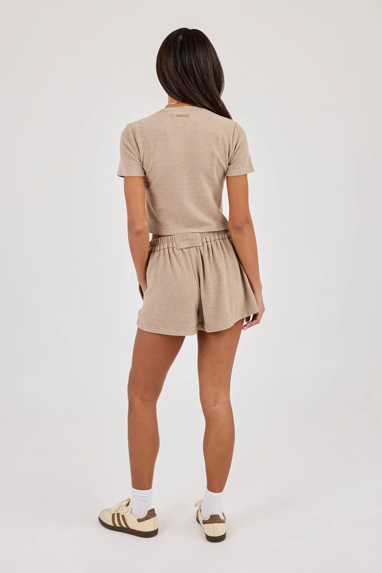 Peached Soft Touch Short Sleeve Top & Button Front Shorts - Taupe
