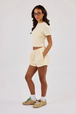 Peached Soft Touch Short Sleeve Top & Button Front Short - Butter Yellow