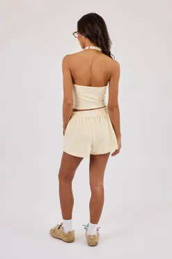 Peach Soft Touch Halterneck Top & Button Front Short - Butter Yellow