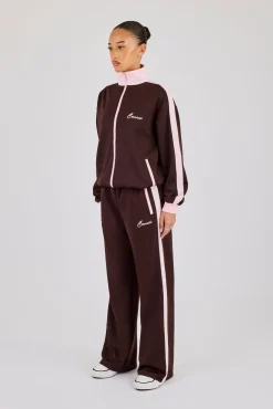Pink Contrast Rib Panel Tracksuit - Chocolate