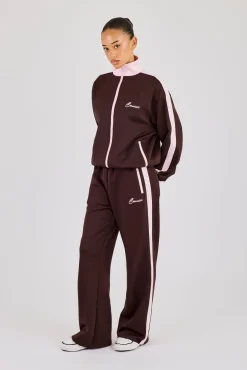 Pink Contrast Rib Panel Tracksuit - Chocolate