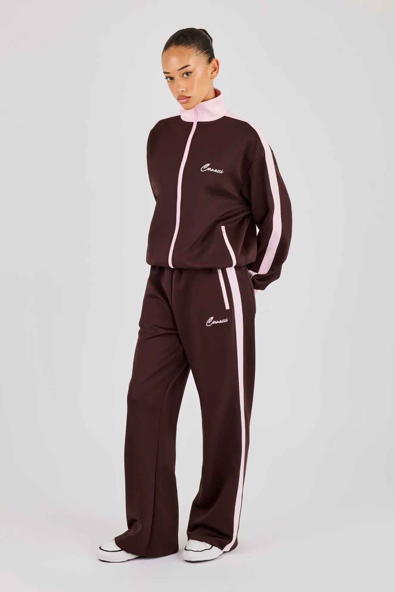 Pink Contrast Rib Panel Tracksuit - Chocolate