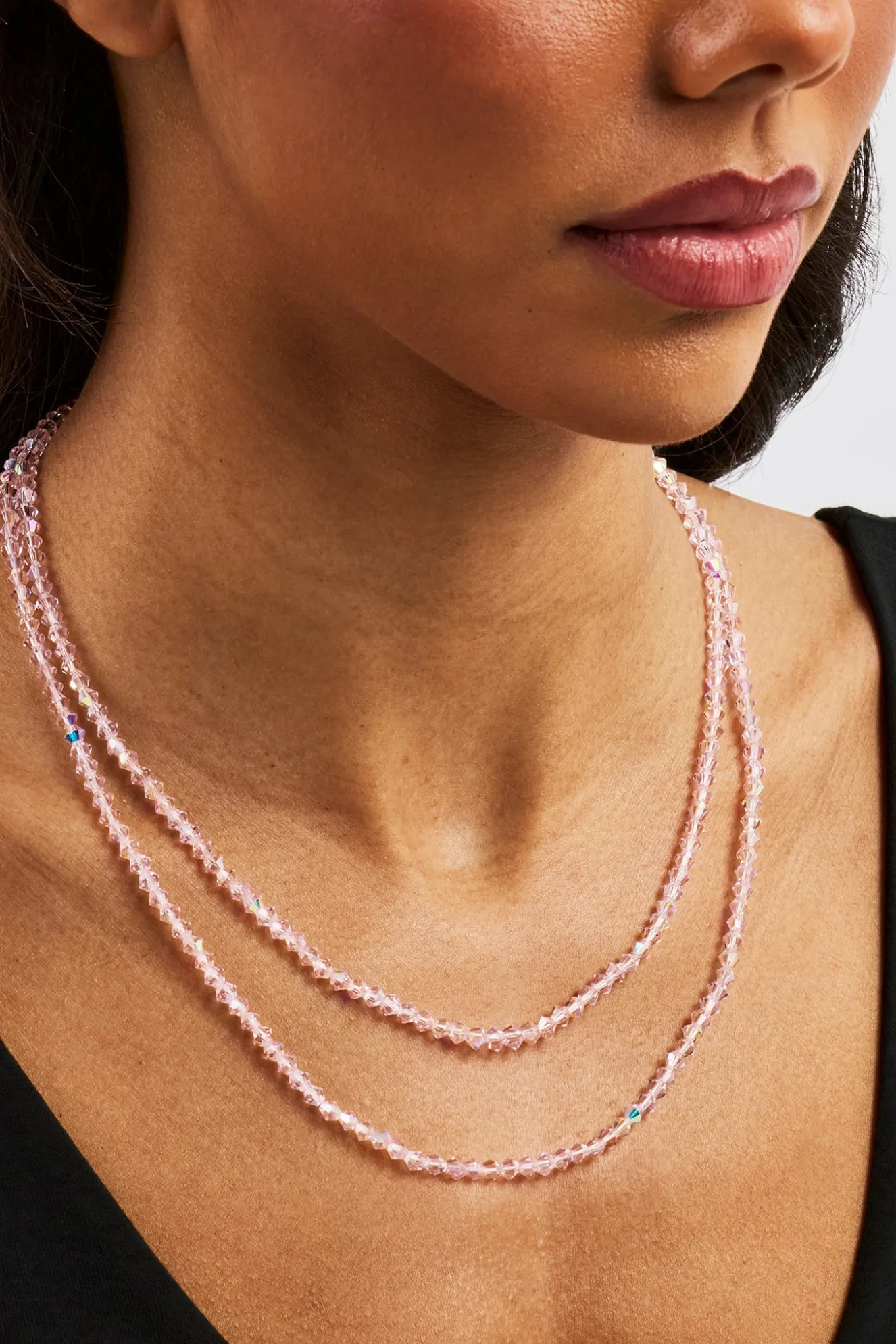 Pink Double Layer Glass Bead Necklace - 4mm - White