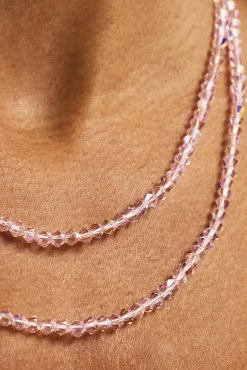 Pink Double Layer Glass Bead Necklace - 4mm - White