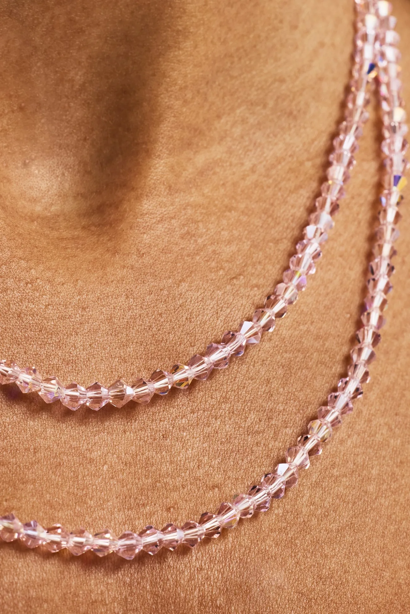 Pink Double Layer Glass Bead Necklace - 4mm - White