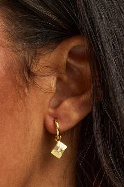 Pink Enamel Envelope Drop Hoop Earrings - 8mm - Gold