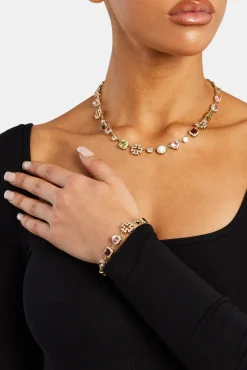 Pink Heart Multi Gem Chain & Bracelet - Gold - 10mm