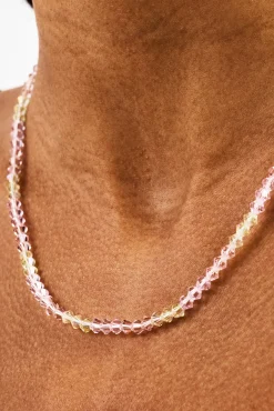 Pink & Lemon Glass Bead Necklace - 4mm - White