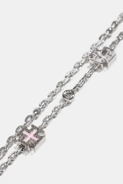 Pink Motif Double Layer Rolo Bracelet - 8mm - White