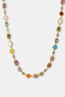 Pink Multi Gemstone Motif Necklace - Gold - 10mm