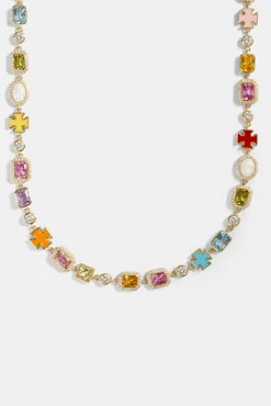 Pink Multi Gemstone Motif Necklace & Bracelet - Gold - 10mm
