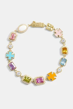 Pink Multi Gemstone Motif Necklace & Bracelet - Gold - 10mm