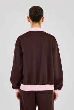 Pink Rib Contrast Panel Track Top - Chocolate