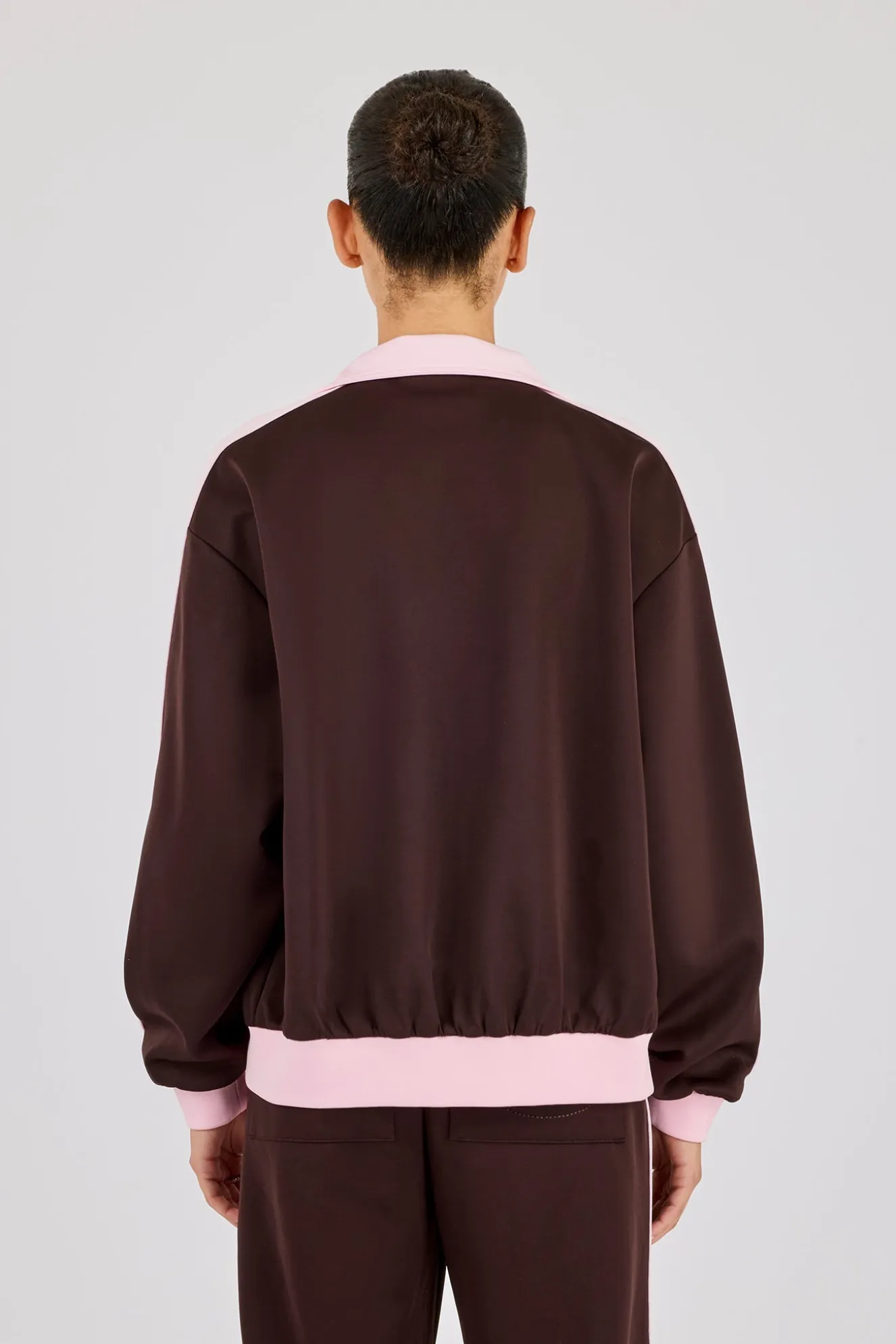 Pink Rib Contrast Panel Track Top - Chocolate
