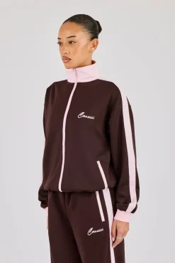 Pink Rib Contrast Panel Track Top - Chocolate